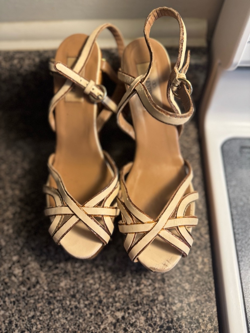 Valentino Garavani Beige Cork Strappy Ankle Wedges